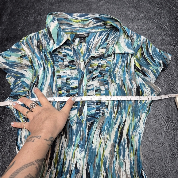 Blue Multi-Print Ruffled Button-Front Women's Top - Picture 6 of 7